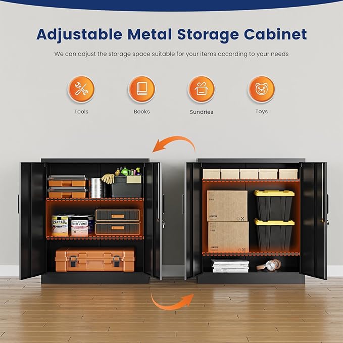 Metal Garage Storage Cabinet with 2 Doors and 2 Adjustable Shelves - 35.5" Steel Lockable File Counter Cabinet for Home Office,Garage,Gym,School（Black） (Pack of 2)