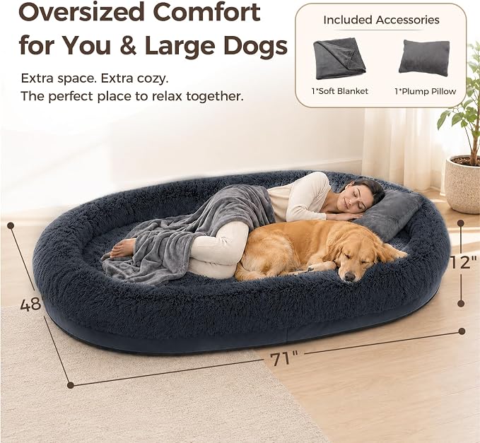 Human Dog Bed for Adult, 71"x48" Large Pet Dog Bed, Dark Grey | Adult Dog Bed for Humans with Pillow & Blanket, Fluffle Cloud Dog Bed with Orthopedic Foam Bolster, Durable Zipper, Portable