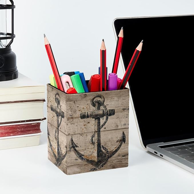 Vintage Anchor Pen Holder for Desk Decor, Rectangular PVC Leather Pencil Cup for Desk Pen Organizer, Makeup Brush Holder for School, Home, Office