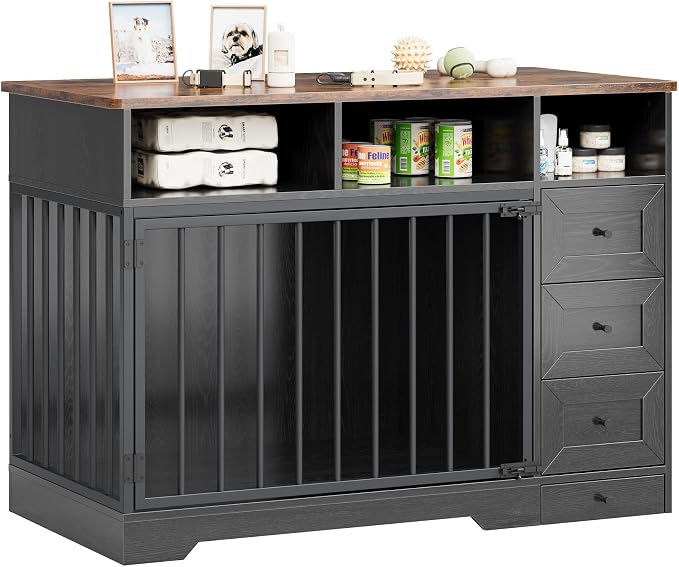 GarveeLife 48'' Dog Crate Furniture with Bowl, Medium Dog Cage, Black | Farmhouse Heavy Duty Dog Kennel with Storage Drawers, End Table for Small Medium Dogs
