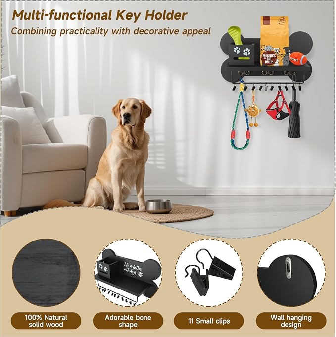 Wood Dog Leash Holder for Wall, Black Bone Hook for Entryway | 3 double hanging points, 11 mini clips, built-in pet waste bag cavity, quick wall installation