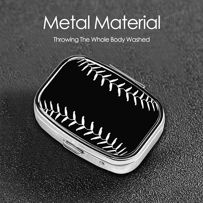 Pill Case Black Baseball Sport Softball American Pill Box with Mirror 2 Compartment Small Pill Case for Purse or Pocket Rectangular Pill Box or Vitamins, Fish Oil, Supplements