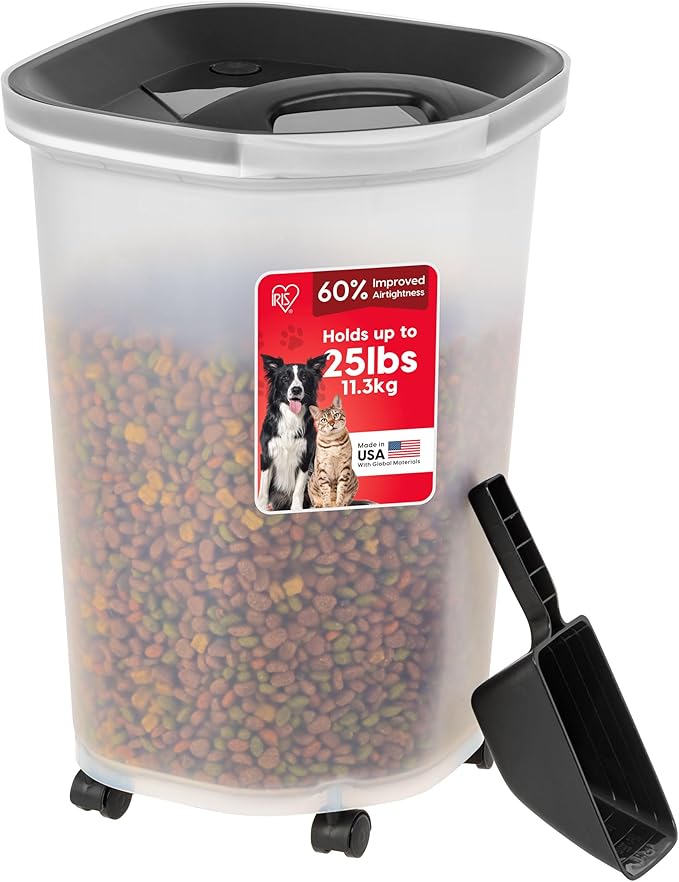 IRIS USA Dog Food Storage Container, Up to 25 lbs, Black, Made in USA | Includes 2-Cup Scoop & Wheels, Airtight Seal, BPA-Free, Bird Seed, Cat food, Chicken Feed, Treats, Keeps Kibble Fresh