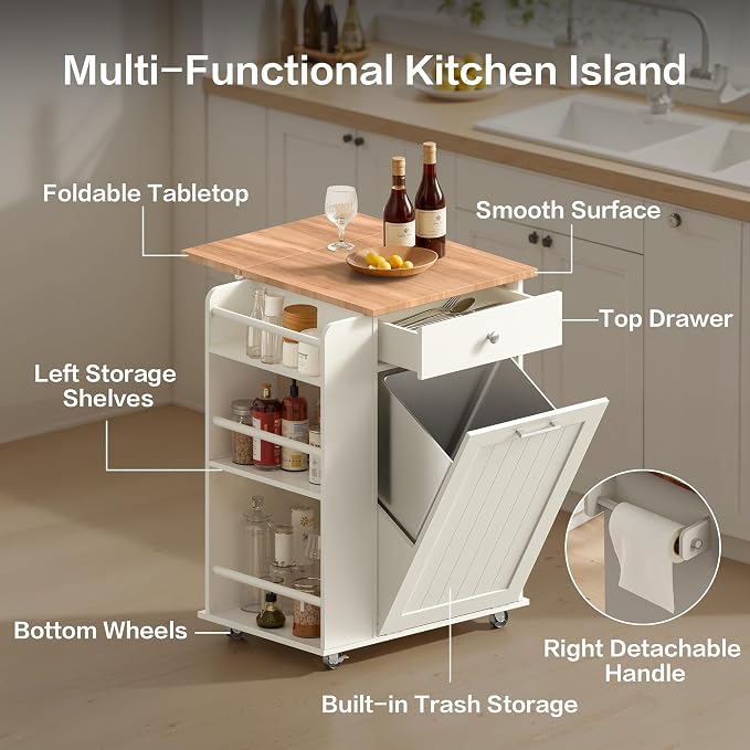Kitchen Island with Trash Can Storage & Drop Leaf, Portable Kitchen Island on Wheels, Rolling Island Table for Kithchen