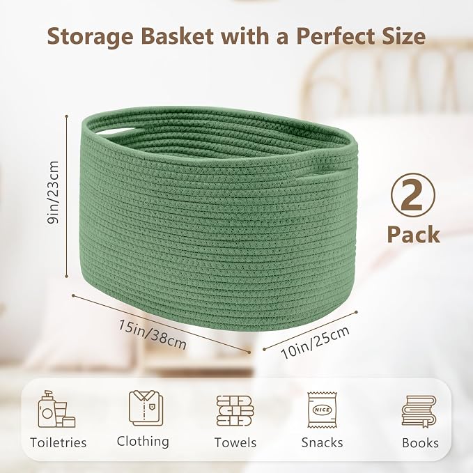 ECDYQXVU 15x10x9 Inch Woven Cotton Rope Storage Basket, 2 Pack | Foldable Design, Built-in Handles, Space-saving Organizer for Living Room, Bedroom, Laundry, Shelves, Clothes, Towels