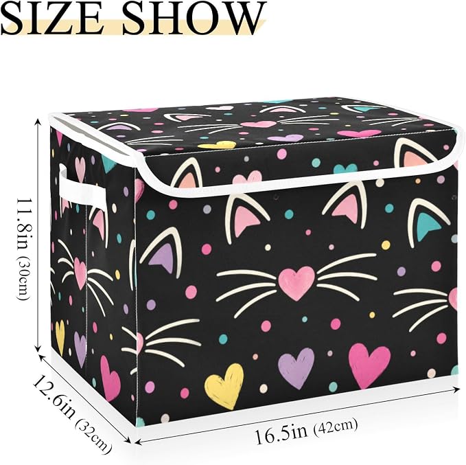 Cat Heart Fabric Storage Bins with Lid Foldable Decorative Storage Boxes | Decorative Storage Boxes, Foldable & Stackable, Dust-Proof Flip Top, Reinforced Handles, For Home & Dorm, Clothes & Toy Box