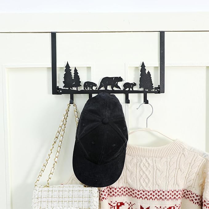 AceOrbit Cabin Bear Over The Door Hooks Hanger 5 Hooks Rustic Decor | for Bedroom Bathroom, Organizes Towels Hats Clothes, Farmhouse Decor, Over the Door for Kids