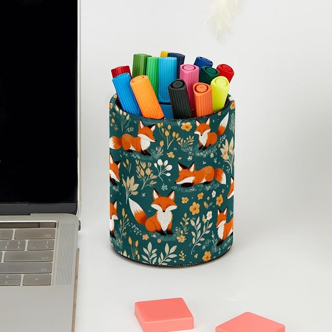 Faux Leather Pen Holder for Desk, Pencil Organizer Cartoon Little Fox Pen Cup Desk Decor Makeup Brush Holder Storage for Office Home