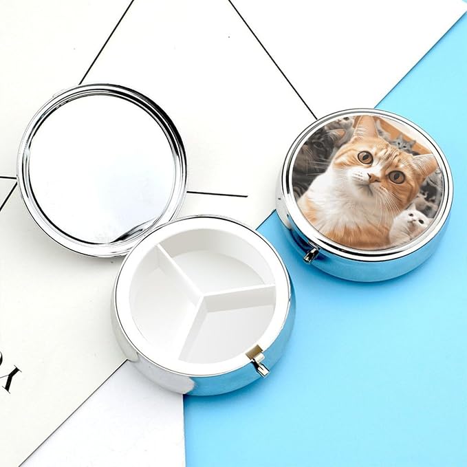 Round Funny Pet Cat Pill Organizer Pill Box 3 Compartment Portable Travel Medicine Case Daily Mini Compact Medicine Container Storage Vitamin Supplement Dispenser