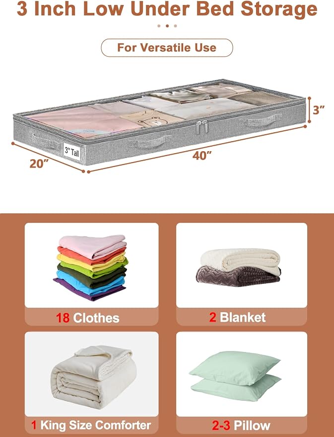 punemi 3 inch High Soft Low Profile Under Bed Storage Bins, 2 Pack, Grey | Foldable Clothes Storage with Zippers & Clear Lids, Small & Shallow Design for Under Sofa,Couch, Dorm & College Bed Storage