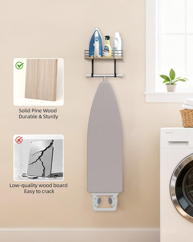 THYGIFTREE Ironing Board Holder Wall Mount and Basket Iron Holder Rack | Heavy-duty metal and wood organizer stores ironing boards, irons and steamers with a shelf, basket and wall-mounted design