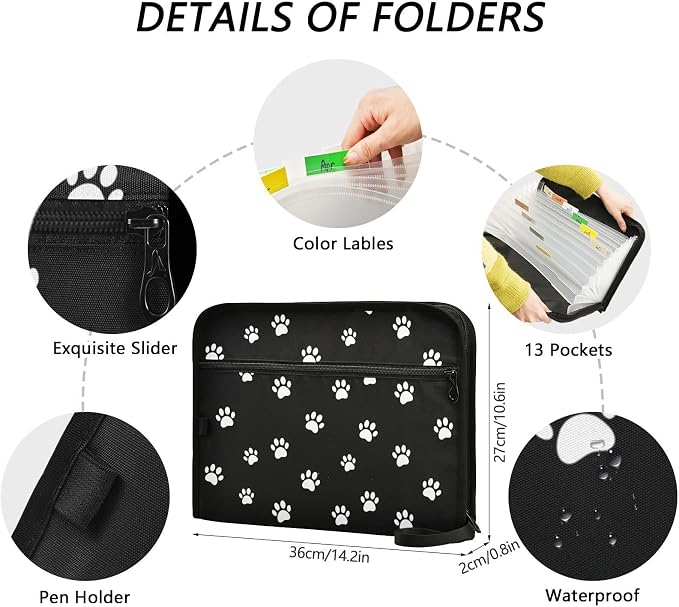 13 Pocket Zipper Expanding File Folder A4 Dog Paw Print | Accordion File Organizer with Front Pouch A4 Letter Size Portable Folders for Documents Receipt School Office Supplies