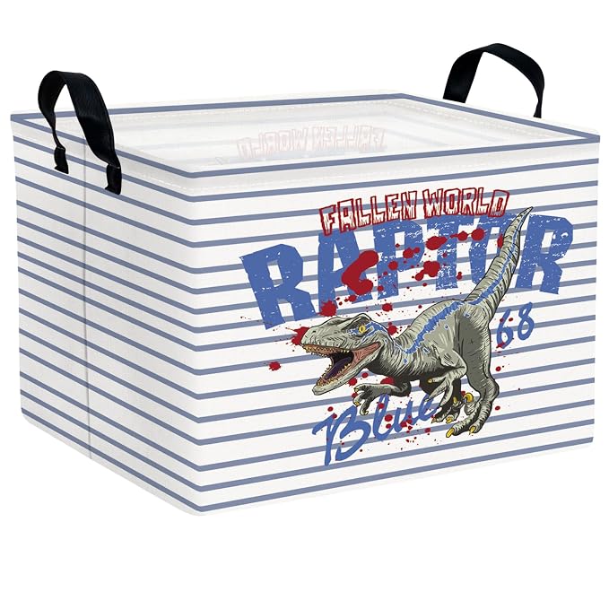 Kid Dinosaur Storage Basket, Blue Striped Tyrannosaurus Rex | Rectangular, Collapsible, Room Decor, Nursery Gift Basket, Baby