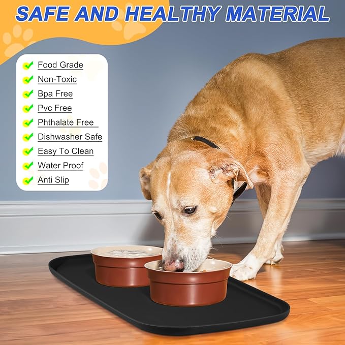 SMILOOL Silicone Pet Feeding Mat with Raised Edge for Food and Water, Dog Bowl Mats, Cat Bowls Placemat with High Lip for Floor Waterproof, Rubber Tray for Cats and Dogs 24 x 16 x0.8 Black