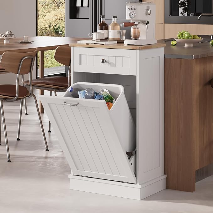 KIGOTY Tilt Out Trash Can Cabinet, Laundry Hamper Cabinet, Kitchen, White
