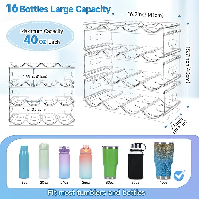 Amaoot Large Compartment Stackable Water Bottle Organizer for Cabinet | 4 Tier Clear Water Bottle Storage Rack,Tumbler Storage Organizer for Kitchen,Fridge,Cabinet Organization and Storage
