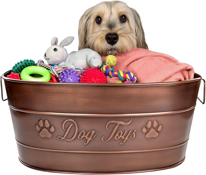 BREKX Copper Metal Dog Toy Storage Bin, Indestructible, Large | Toy, Blanket & Leash Organization • Carrying Handles