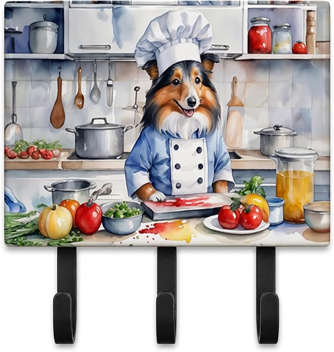 Caroline's Treasures Sheltie The Chef Leash or Key Holder Wall Hooks, Key Hooks Holder, Coat Rack Wall Mount, Coat Hooks, Hooks for Hanging Keys, Towels, Aprons, Leashes | Sheltie The Chef artwork on ceramic tile with three steel hooks for keys, leashe...