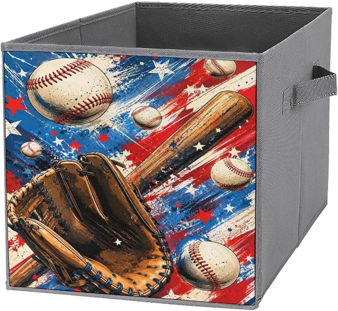 Baseball Glove Bat And Balls Storage Bin with Handles, Oxford Fabric Foldable Storage Cube Organizer for Clothes, Towels, Bedroom, Living Room, Home Organization