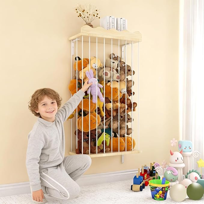 Adjustable Stuffed Animal Storage with Shelf (Patented) - Large Wooden Hanging Plush Toy Organizer - Corner Stuffy Animals Hammock Net Holder for Kids Room, Nursery, Bedroom