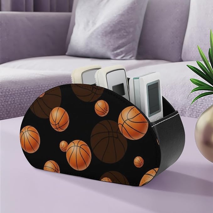 Remote Control Holder Black Basketball Sport 5 Compartment Table Organizer | PU Leather Desktop Caddy Box, Black Basketball Sport, Fit for Media Player, Stationery, Home Office Accessories