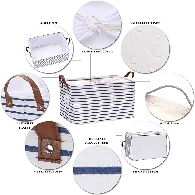 Hinwo 31L Large Canvas Storage Bin with Lid and Handles | Collapsible Fabric Basket, Closet Shelf Organizer, Container for Clothing, Blankets, Toys, Bedding (Navy Stripe)