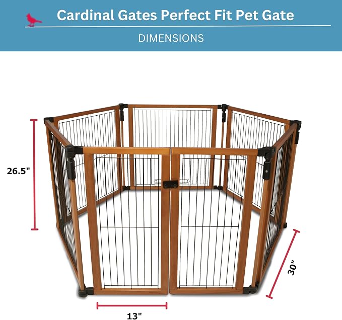 Cardinal Gates Indoor Pet Gate and Puppy Playpen, 6 Panels | Configurable indoor pet containment system with five fixed panels and one two-part latched panel.