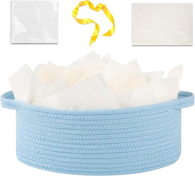 OIAHOMY Gift Basket with Handle, Small Woven Basket with Gift Bag, Ribbon and Wrap Tissue Paper, Nursery Bins Empty to Fill with Small Items, Baby, Pet Toy Organizer - Blue