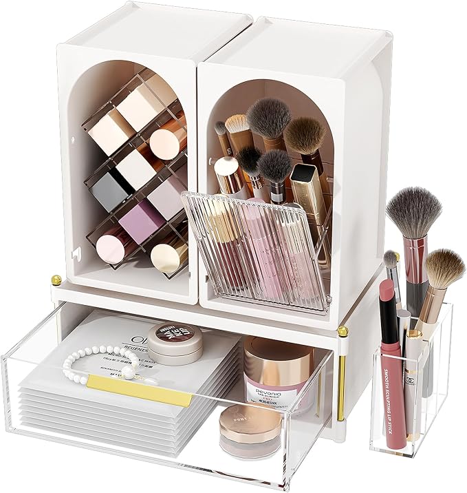 FOLLOWIN Compact Makeup Organizer Set, Makeup Brush Organizer | Lipstick Holder with Grid, Flip Drawer, 2 Ways to Arrange, Milk White Bathroom Counter Organizer, Store Lipsticks, Brushes