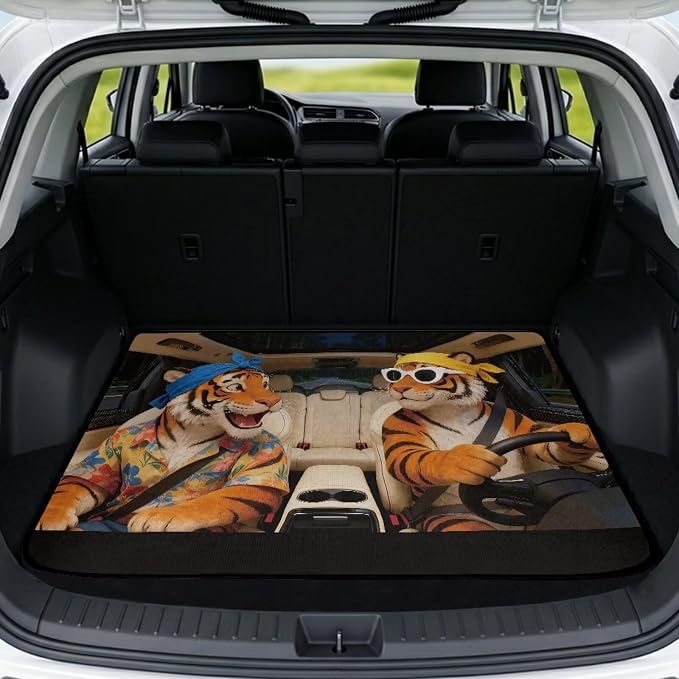 Cartoon Tiger Print Fun Style Car Trunk Mat 29" x 39", All Weather Non Slip Cargo Liner for SUV Truck, Durable Washable Pet Friendly Rear Protection Mats