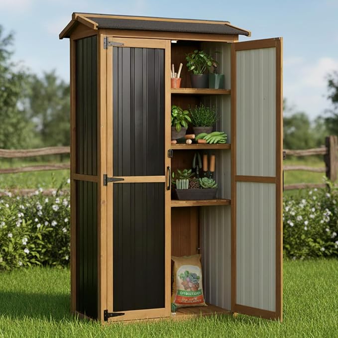 Ketive Outdoor Storage Cabinet, Wood & Metal Garden Cabinet with 3 Adjustable Shelf, Weather-Resistant Roof, Lockable Doors & Adjustable Feet for Patio, Garden, Farm (33" L x 21" W x 69" H)
