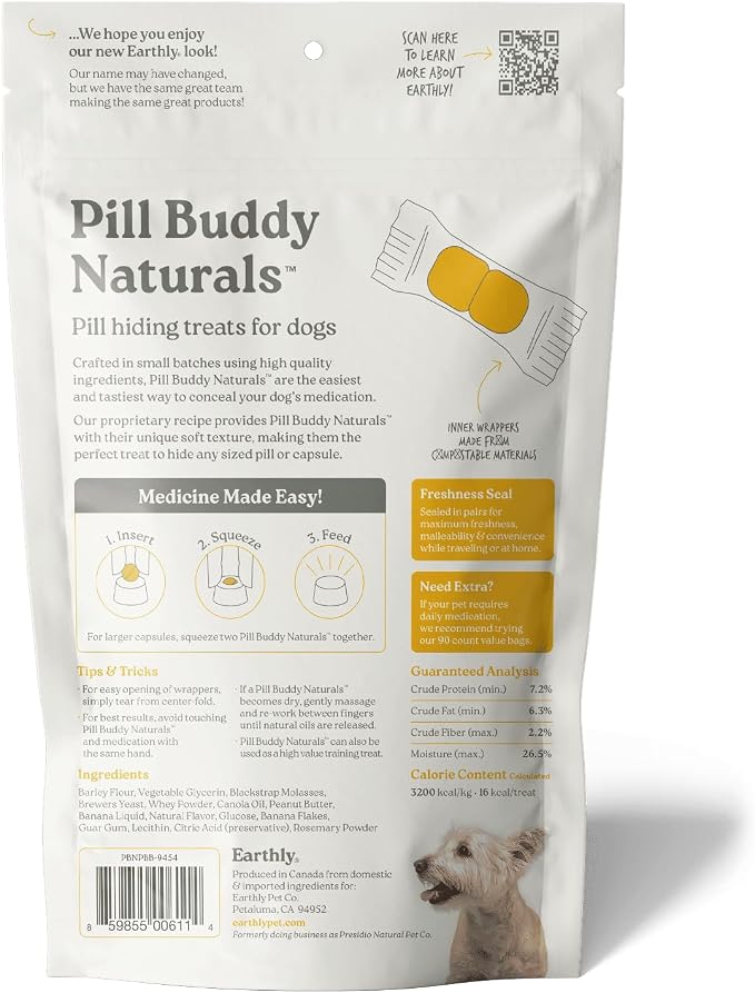 Presidio Earthly Pill Buddy Naturals - PB & Banana Recipe Pill Hiding Treats for Dogs - Make A Perfect Pill Concealing Pocket Or Pouch for Any Size Medication - 30 Servings