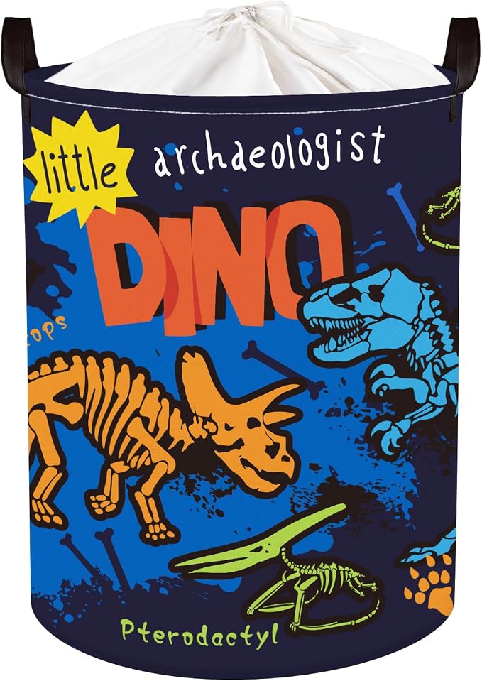 Clastyle Large Boho Dinosaur Pterosaur Boy Book Toy Storage Basket for Kid | Dino Skeleton Dirty Clothes Laundry Hamper, Colorful 45L Waterproof Nursery Playroom Bedroom Bathroom Shelf, Blue Dragon