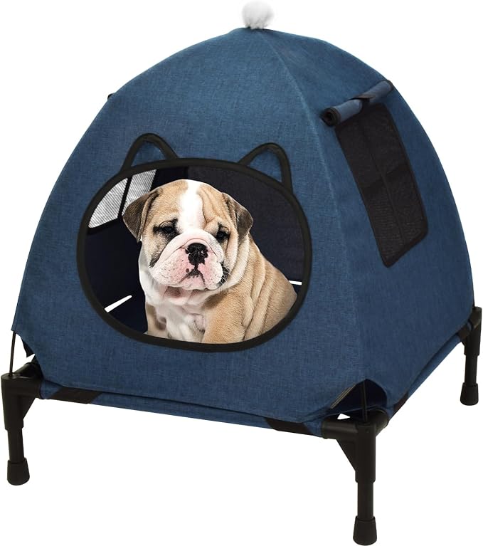 Pozico Elevated Pet Bed with Breathable Mesh for Small Cat and Dog, Raised Cooling Pet Cot for Puppy and Kitty, 18.9x18.9 inch (Navy Blue Bed with Canopy)
