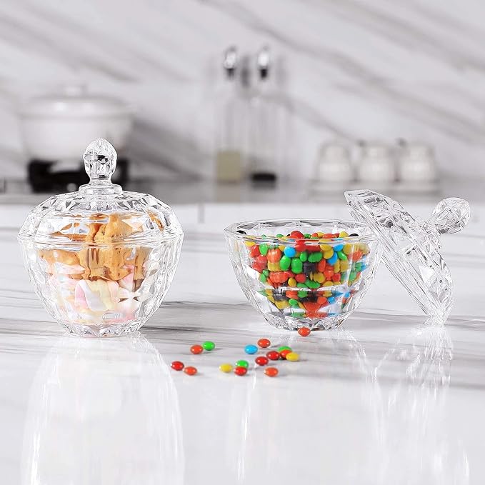 ComSaf 9oz Glass Candy Dish with Lid 2 Pack Small Jar Decorative Covered | Covered Candy Storage, Coffee Table Office Desk, Bathroom Vanity Decor, Countertop Display, Wedding Favors, Living Room Decor