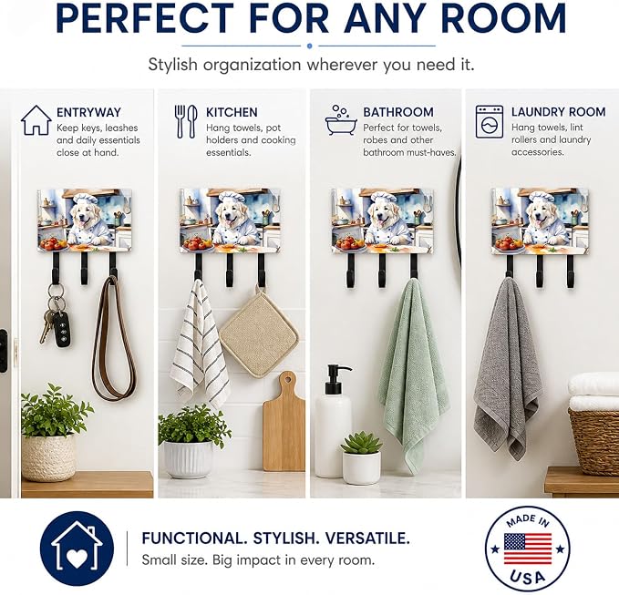 Caroline's Treasures Great Pyrenees The Chef Leash or Key Holder Wall Hooks, Key Hooks Holder, Coat Rack Wall Mount, Coat Hooks, Hooks for Hanging Keys, Towels, Aprons, Leashes | Great Pyrenees The Chef artwork on ceramic tile with three steel hooks fo...