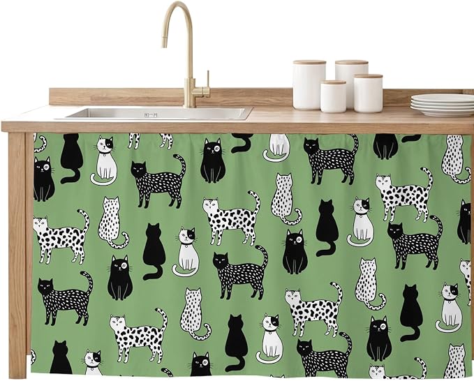 Cat Animal Cabinet Curtain 32"Wx55"L,Dustproof Pantry Door Curtain with Self Adhesive Tape,Sage Green Earthy Tone Vintage Pet Modern Tall Storage Cover Privacy Drape for Bathroom Kitchen Laundry Room