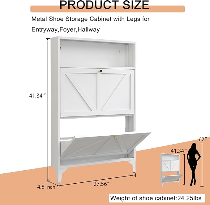 Shoe Cabinet with 2 Flip Drawers, Narrow Shoe Storage Cabinet, Farmhouse Shoe Organizer, Freestanding Organizer with Metal Legs for Entryway, Foyer (White, 2 Door)