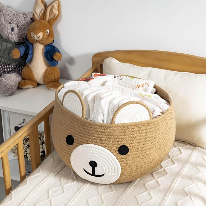 CherryNow Large Baby Basket for Gifts Empty, Cute Bear Design, Brown | 15.7" x 10.5" Baby Shower Basket for Kids Boys Newborn Storage, Woven Rope Toy Basket, Fits Living Room Nursery Décor