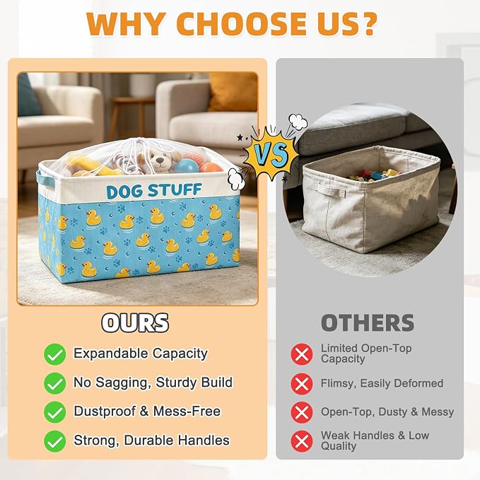 Dog Toy Basket, Collapsible Dog Toy Bin Box with Drawstring Cinch Top &Handles, Pet Food Storage Organizer for Dog Toys, Apparel, Blankets and Leashes, Blue, Yellow Duck, L, 15.3"x13"x12"