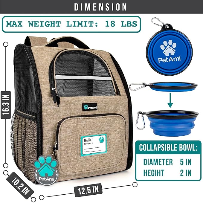 PetAmi Dog Backpack Carrier Airline Approved Cat Pet Puppy Bag, Taupe | Ideal for Small Medium Large Pet up to 18 lb, 2 Side Entry Structured No-Collapse Frame, Ventilated Bookbag for Hiking Travel