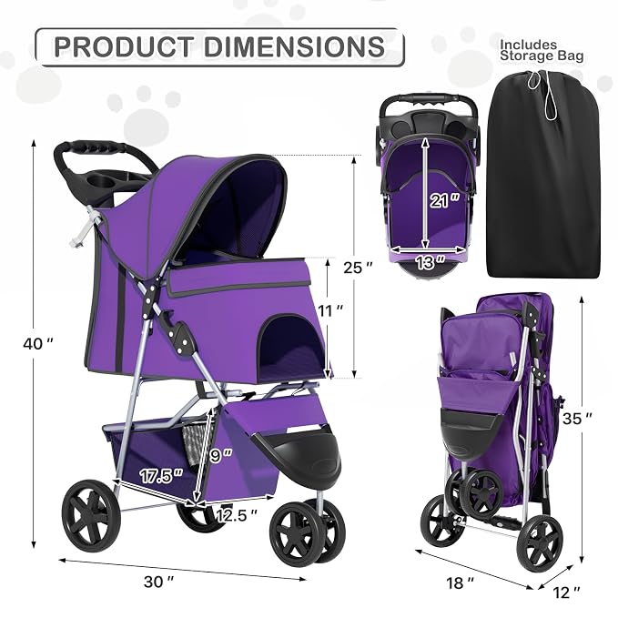 MoNiBloom Pet Stroller for Small/Medium Dogs and Cats up to 33 lbs, Purple | Foldable Dog Stroller 3 Wheels Pet Strolling Cart w/ Storage Basket Cup Holder, Breathable and Visible Mesh for All-Season