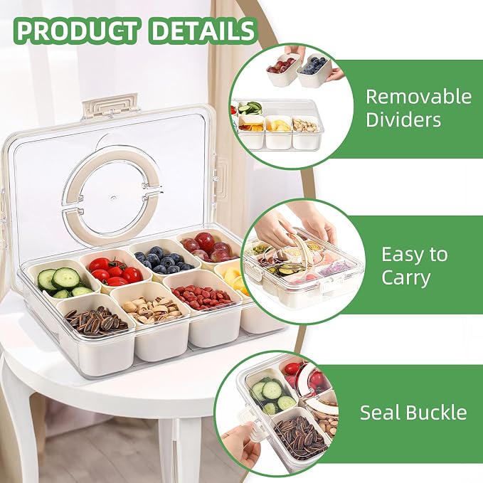 Snackle Box Snack Container Tray with Lid, Divided Serving Tray with Handle | Portable Snack Platter Fruit Veggie Trays Snackele Box Containers for Charcuterie, Party, Snack, Nuts, Beach, Travel, Picnic