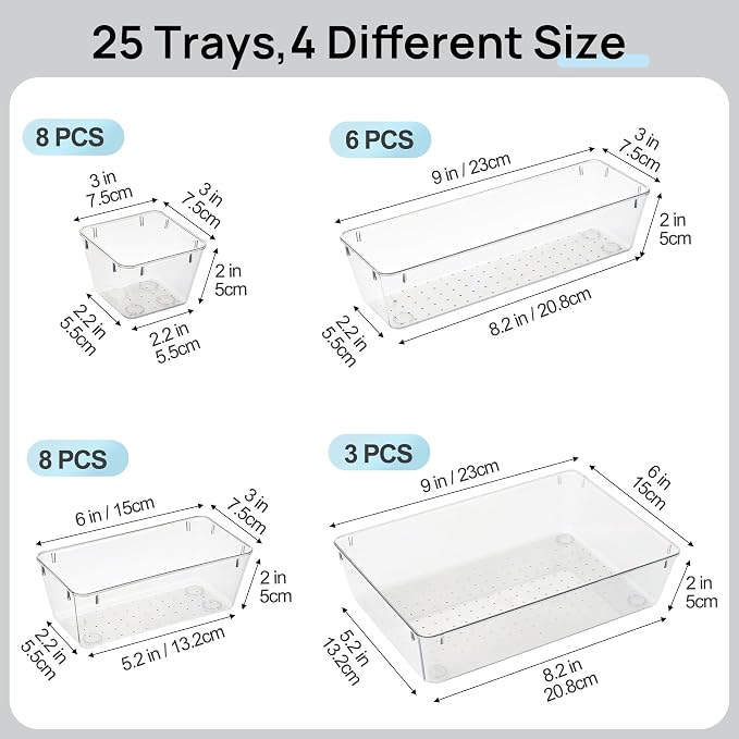 Vtopmart 25 Pack Plastic Drawer Organizers with Non-slip Rubber Pads | 4-Size Versatile Makeup Organizer, Storage Containers Small Bins for Makeup, Jewelries, Bedroom, Kitchen Utensils and Office