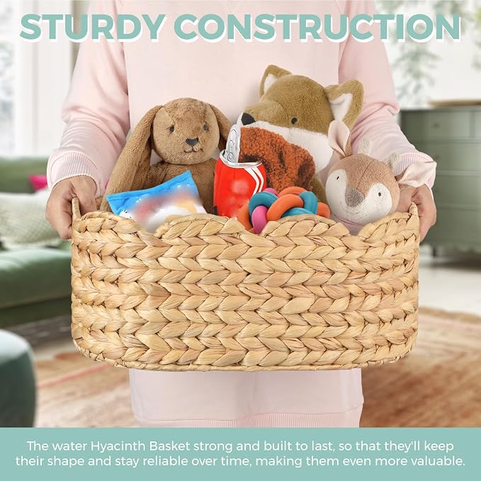 Scalloped Baskets (Natural-Set of 2), Storage Basket, Water Hyacinth Basket for Organizing and Decor, Hand-Woven Hyacinth Baskets with Built-In Handles for Living Room, Bedroom, Laundry, Pet toy,Food.