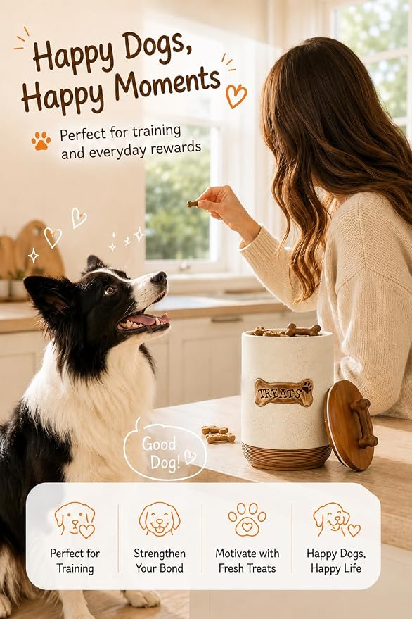 Miamolo Airtight Dog Treat Container, Dog Treat Jar with Lid for Countertop | Ceramic, Cast-iron Handle | Dog Food Storage, Training Pet Treats Canister Farmhouse Gift for Dog Lovers, Bone Glinting White