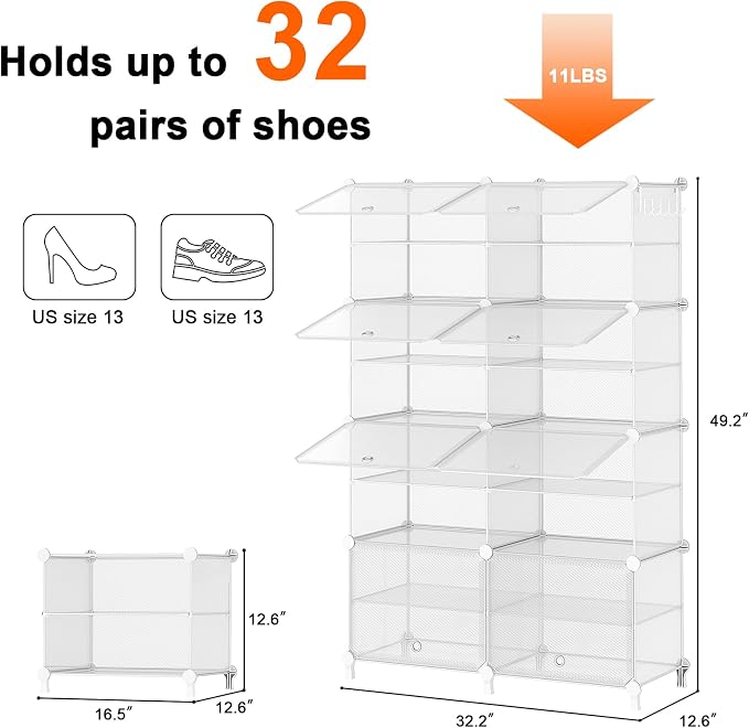 AWTATOS 8 Tiers Shoe Rack Organizer, 32 Pair Shoe Storage Cabinet, Clear | DIY Stackbale Plastic Shoe Organizer Shelves for Closet Entryway Hallway Bedroom