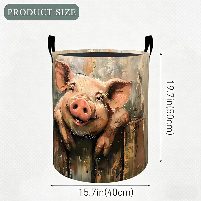 Smiling Pig Laundry Basket Hamper, Organizer Bins Gifts for Women Kids, Farm Animal Foldable Waterproof Clothes Hamper Handles Storage Bucket for Bedroom Bathroom Room Decor 19.7"x15.7"