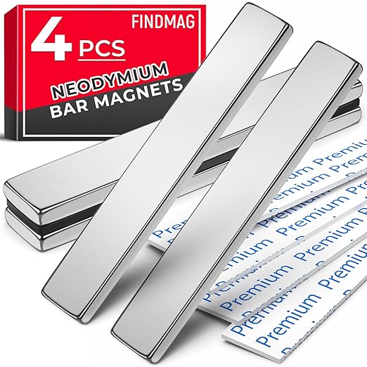 FINDMAG Adhesive Magnet Strips, 4 Pack 60x10x3mm, Strong Rare Earth Magnets | Neodymium magnetic strips with peel-and-stick mounting; for wall signs, poster displays, cabinet doors and toolboxes