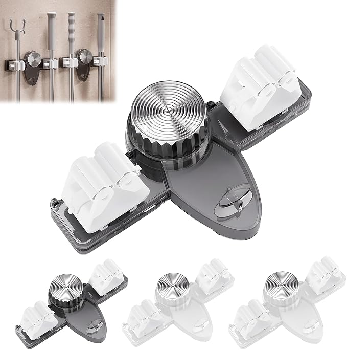 Broom Holder Mop Hanger Wall Mount, No Punching Required Mop and Broom Hanger Organizer, Adjustable Suction Cup Mop Grippers for Kitchen, Bathroom, Garage, Laundry Room (4PCS-G&T)